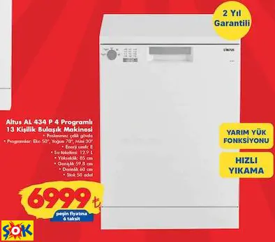 ALTUS AL 434 P 4 PROGRAMLI 13 KİŞİLİK BULAŞIK MAKİNESİ